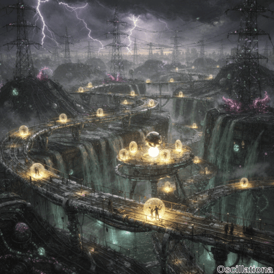 A dystopian landscape under a stormy sky with frequent lightning, featuring rugged mounta…
