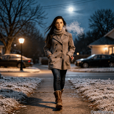 Cinematic winter night in snowy suburb under full moon: freckled young woman with long da…