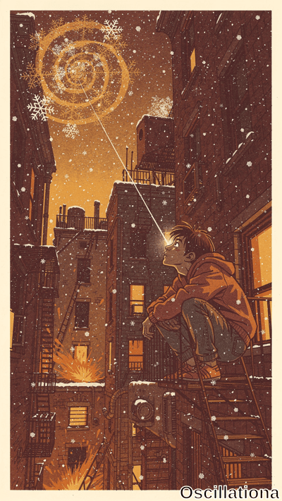 Surreal winter night in narrow snowy alley of tall brownstones in burnt orange, brown, go…