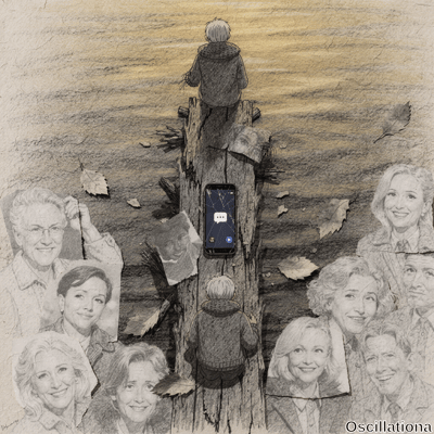 Sepia-toned graphite sketch of blond boy in gray hoodie on splintered pier over calm lake…