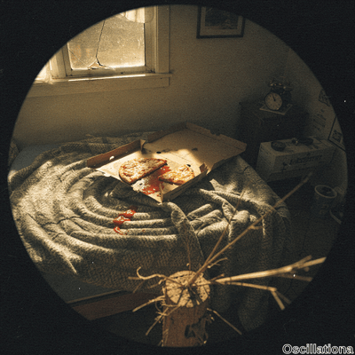 Fisheye-lens view of dimly lit, cluttered bedroom in warm golden sunlight through cracked…