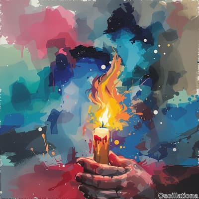 A vibrant abstract painting with hands holding a lit candle at the bottom center, the fla…