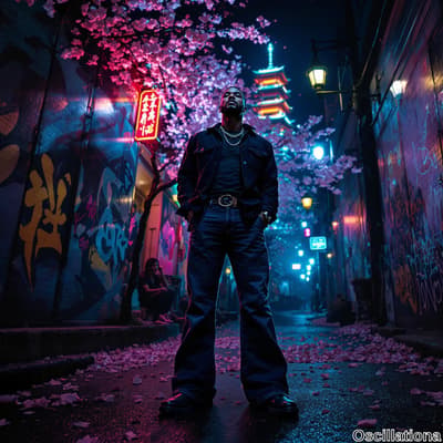 A man in a black denim jacket and wide-leg jeans stands confidently in an urban alleyway …