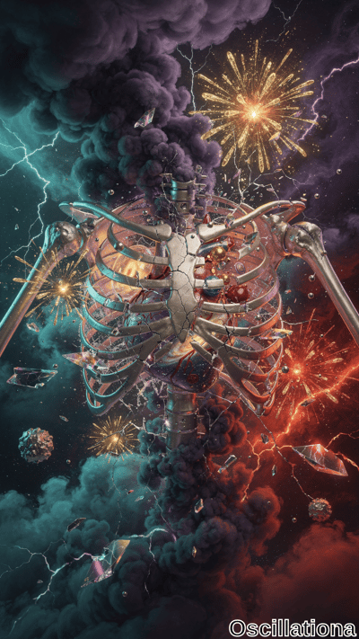 A surreal artwork with a large, metallic skeletal ribcage at the center, displaying intri…