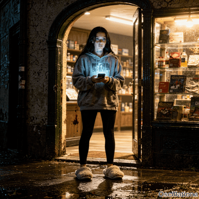 A startled woman with freckles and neck tattoo holds smartphone in doorway at night with …