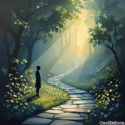 A serene landscape with a winding stone path through a lush green forest, illuminated by …