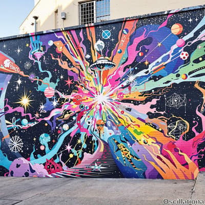 A vibrant mural on a brick building depicts a cosmic explosion of multicolored rays and a…