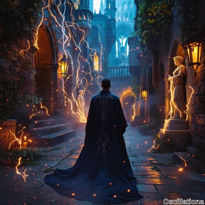 A person in a dark blue robe with intricate lighter blue patterns walks down a narrow, co…