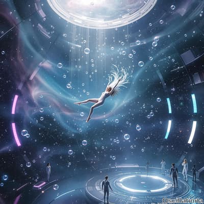 A woman in a white bodysuit gracefully floats in a zero-gravity, circular room illuminate…