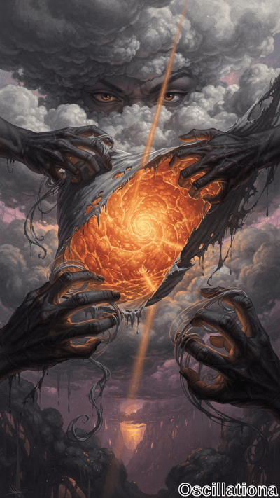 A surreal artwork depicting a large, glowing orange-red orb with a spiral vortex pattern,…