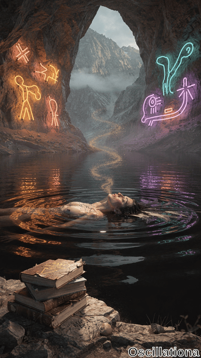 Surreal dreamlike digital art of nude woman with wet hair floating face-up relaxed in dar…