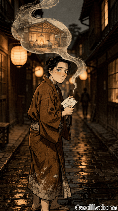 Moody anime illustration of a teary-eyed youth in muddied brown kimono, profile view in r…