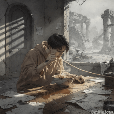 In a dimly lit post-apocalyptic room with cracked gray walls and debris floor, a young Ea…