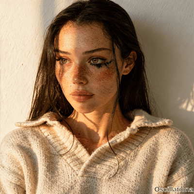 Intimate portrait of freckled young woman with long dark brown hair, smudged black eyelin…