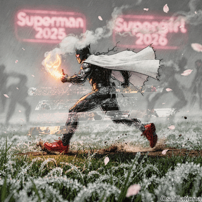 Comic-style digital art of Batman-like hero charging through rainy misty field in black a…