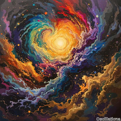 A vibrant abstract cosmic scene with a bright central light source resembling a star, emi…