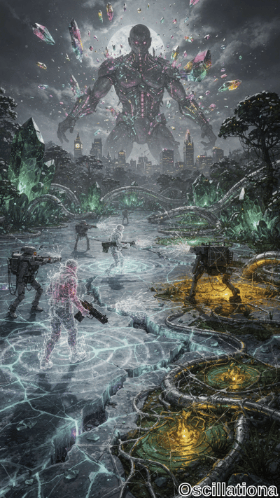 A colossal, dark robot with glowing red eyes and illuminated patterns towers over a dysto…
