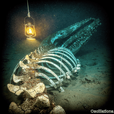 Cinematic underwater whale skeleton on sandy seabed with weathered rib cage spine partial…