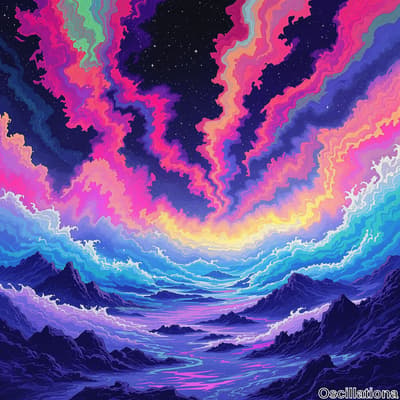 A surreal landscape illustration with a dynamic, swirling sky in vivid pink, purple, oran…