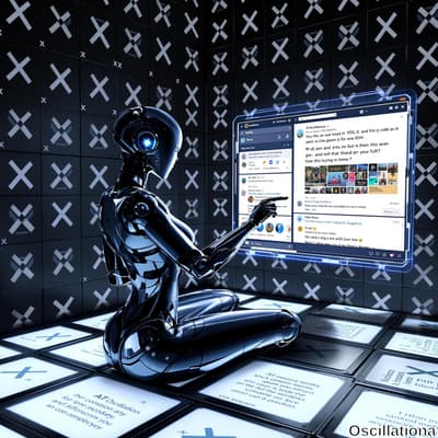 A sleek, black humanoid robot with blue glowing eyes interacts with a floating digital sc…