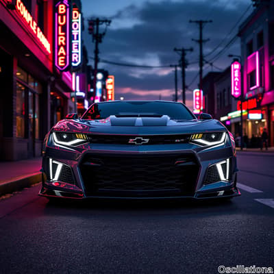 A dark blue or black Chevrolet Camaro ZL1 with sharp LED headlights and a bold front gril…
