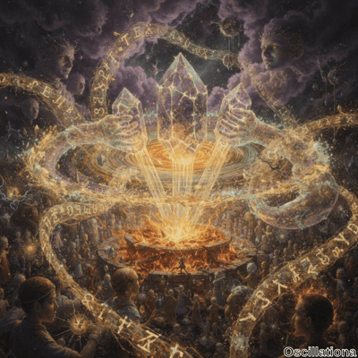 Three large, glowing golden crystals held by ethereal hands emit beams of light that conv…
