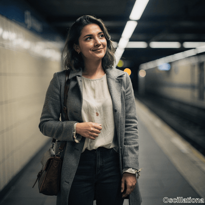 A young woman with dark wavy hair stands on subway platform in gray coat holding satchel …