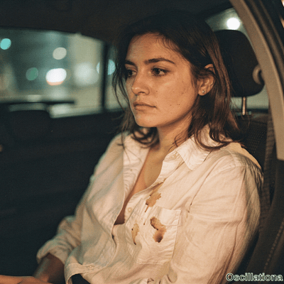A somber young woman with dark wavy hair sits in a car at night gazing left with a weary …
