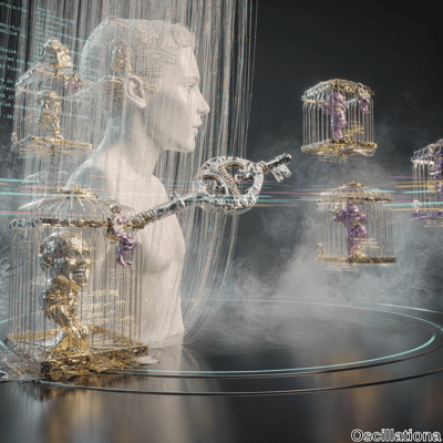 A translucent white bust holds an ornate key, symbolizing unlocking secrets, surrounded b…