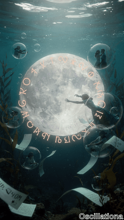 Surreal underwater artwork in deep teal-blue tones: luminous white moon orb ringed by glo…