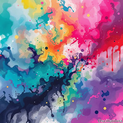 A vibrant abstract artwork showcasing a dynamic blend of bright yellows, oranges, pinks, …