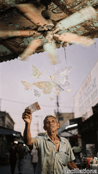 Elderly Asian man with wrinkled skin, gray hair, and wide-eyed smile excitedly raises red…