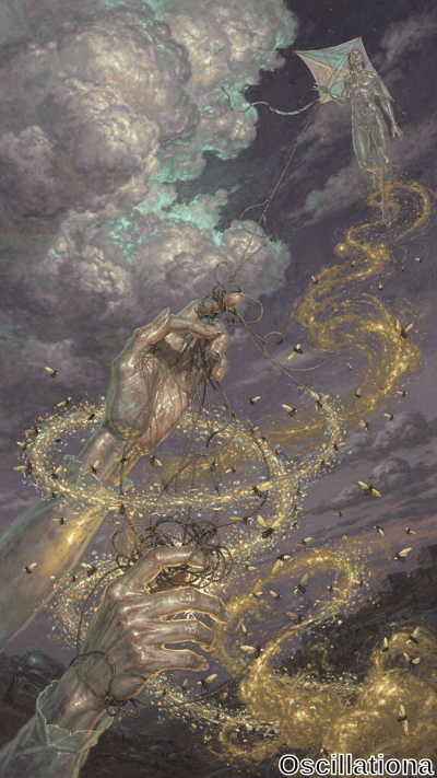 "Surreal painting with ethereal hands manipulating strings connected to a semi-transparen…