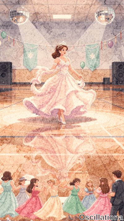Vibrant pixelated watercolor artwork of school gym dance: elegant woman twirls in flowing…