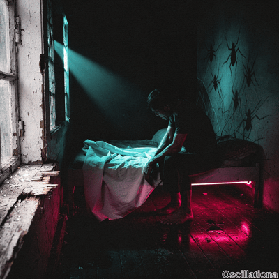 In a dimly lit abandoned bedroom, a barefoot young man in black slumps on bed edge with p…