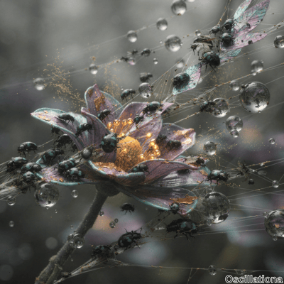 A surreal scene featuring a large, vibrant flower with purple, blue, and gold petals, and…