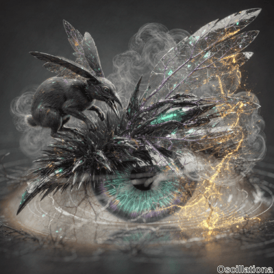 A surreal scene of a rabbit with a dark, metallic sheen leaping forward, adorned with lar…