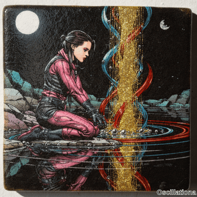 Cyberpunk woman in pink black suit with buns kneels by water reaching for gold glitter co…