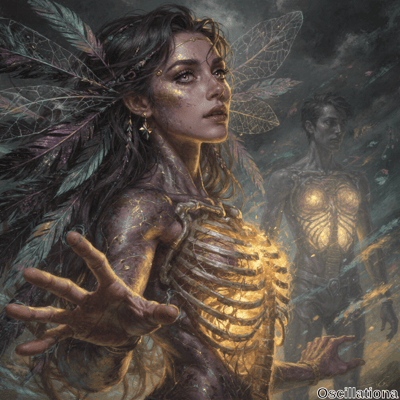 "Fantasy digital art depicting two ethereal figures; a woman with flowing dark hair and l…
