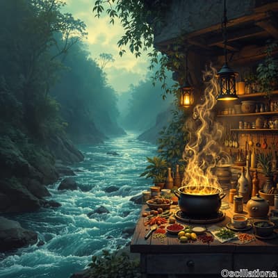 A serene riverside scene with dense green forests, featuring a rustic wooden table laden …