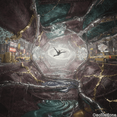 A person floats in a surreal, futuristic urban tunnel illuminated by ethereal light, surr…