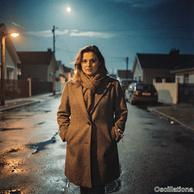 A somber young woman with light brown hair in wool coat and scarf stands in wet suburban …