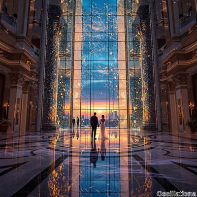 "A luxurious interior with a large glass wall showcasing a vibrant sunset over a city sky…