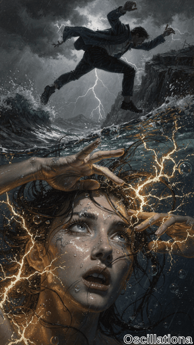 A man in a dark suit falls from a cliff into a stormy sea, reaching out desperately while…