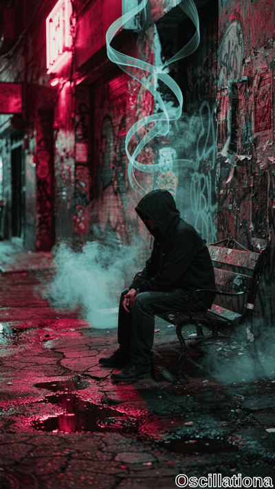Cyberpunk alley at night: vibrant graffiti walls in reds, pinks, blues, greens, yellows l…