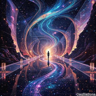 A solitary figure stands on a reflective path leading into a vibrant, swirling vortex of …