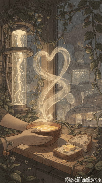Cozy steampunk-cyberpunk windowsill framed by vines with flowers & berries, glowing brass…