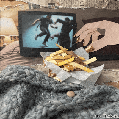 A mixed-media collage of cozy domestic scene with knit blanket foreground, fries containe…