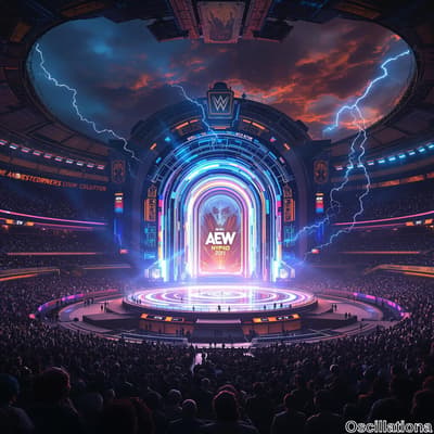 A dynamic AEW wrestling event with a large, illuminated stage featuring concentric circle…