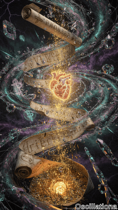 A surreal cosmic scene with ancient scrolls inscribed with "PROMSE," "LOVE," and other wo…